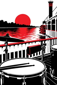 A cowbell clamped to a drum kit on the deck of a paddle steamer on a muddy river at sunset.