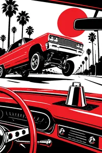 A chrome cowbell on the dashboard of a candy-paint lowrider, hydraulics lifting the front end on a sunny boulevard.