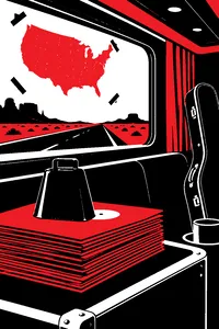 A cowbell resting on a stack of gold-colored vinyl records inside a tour bus, a road map of America taped to the window.