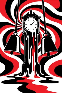 Two cowbells hanging like a pendulum in front of a melting grandfather clock in a psychedelic swirl of color.