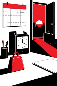 A cowbell on an office desk beside a punch clock, a calendar, and a briefcase by the door at quitting time.