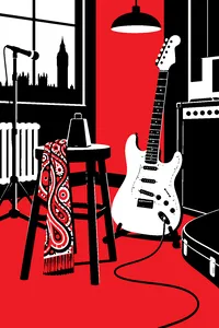 A cowbell on a stool beside a white Stratocaster and a paisley scarf in a cramped 1966 London studio.