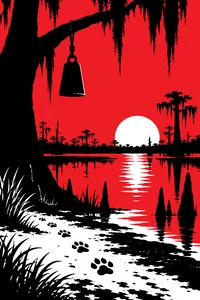 A cowbell hanging from a cypress branch over a misty swamp at dusk, a hound dog's paw prints in the mud below.
