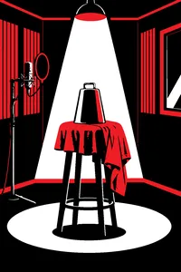 A gleaming cowbell on a velvet pedestal under a spotlight in an empty recording booth, a tight shirt draped over the stool.