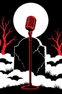 A cracked tombstone in fog under a full moon, a vintage ribbon microphone standing in front of it on a mic stand.