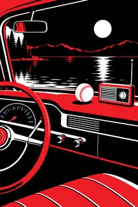 A baseball resting on the dashboard of a 1950s car parked by a lake at night, a transistor radio glowing beside it.