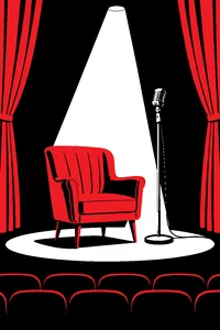 An empty velvet chair on a dim theater stage under a single spotlight, a 1960s microphone stand beside it.