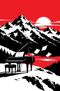 A grand piano at the foot of a snowy mountain range at sunrise, sheet music fluttering off the stand.