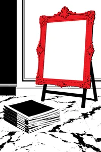 A stack of glossy black-and-white vintage movie magazines on a marble floor beside a gold picture frame held up like a pose.
