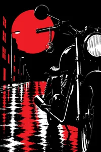 A black motorcycle parked on a rain-slicked street at night, a class ring hanging from its handlebar.