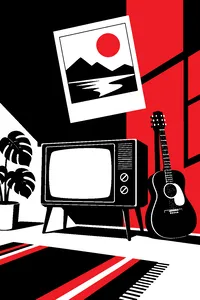 An instant camera photo mid-shake blurred in the air above a vintage console TV and an acoustic guitar.
