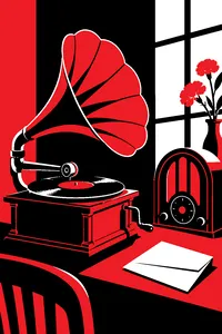 A 1930s shellac record spinning on a wind-up phonograph beside an old rotary radio and a folded letter.