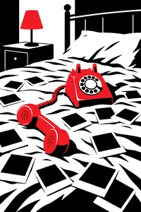 A pink rotary telephone with its receiver off the hook on a bed covered in polaroids turned face down.