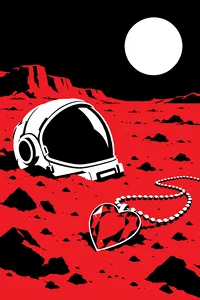 A large blue heart-shaped gem necklace lying on red Mars-like sand next to a dropped space helmet.