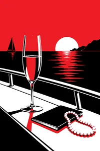 A half-empty champagne glass on a yacht deck rail at sunset, a passport and pearl necklace beside it.