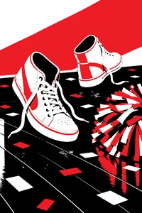 A pair of sneakers mid-dance on a polished wooden floor, confetti and a cheerleader pom-pom scattered around.