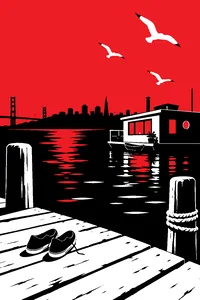 A weathered wooden dock in a San Francisco Bay harbor at dusk, an empty pair of shoes at the edge and seagulls circling a houseboat.