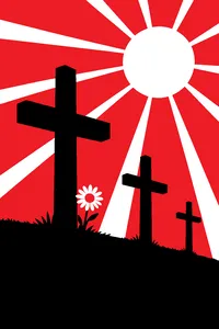 A row of wooden crosses on a sunny hillside under a bright blue sky, with a cheerful yellow daisy growing at the base of one.