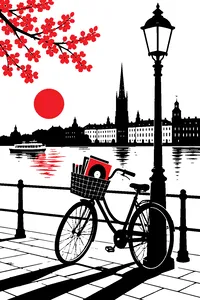 A bicycle with a basket of vinyl records leaning against a Stockholm lamppost on a crisp spring morning.