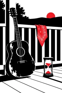 A worn acoustic guitar leaning against a porch railing beside a red bandana and an hourglass running down.
