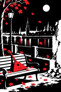 A park by a river in Moscow at night, a red balalaika on a bench and autumn leaves blowing past a crumbling concrete wall.