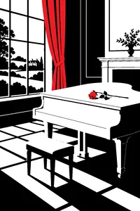 A white grand piano in a sunlit English country room, a single wilted rose resting on the closed lid.