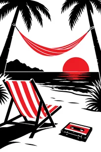 A sun-faded yellow beach chair by a tropical shore, with a cassette tape and a hammock swaying between palm trees.