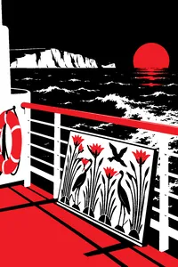 A choppy ferry deck crossing the English Channel with an ancient Egyptian tomb painting panel propped against the railing.