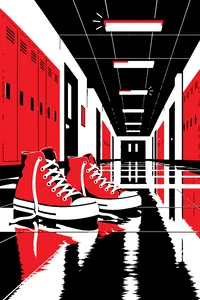 A pair of bright retro high-top sneakers on an empty school hallway floor under flickering fluorescent lights.