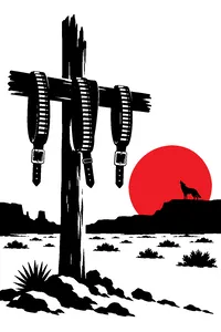 Three empty gun belts hanging on a weathered wooden cemetery cross in a vast desert, a coyote silhouetted on a far ridge.