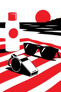 A shiny silver referee whistle on a beach towel next to a pair of sunglasses and a bottle of sunscreen.
