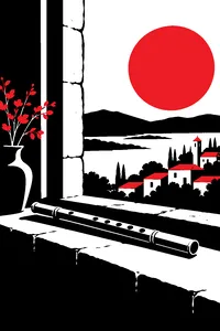 A simple brass flute resting on a stone windowsill in a rustic village house, a red sun swelling in the sky outside.