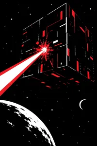 A vast dark cube-shaped spaceship hanging in space, a bright energy beam lancing toward it from offscreen.