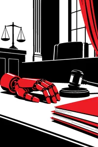 A pale gold android hand resting on a wooden courtroom table beside a gavel and a stack of legal folders.