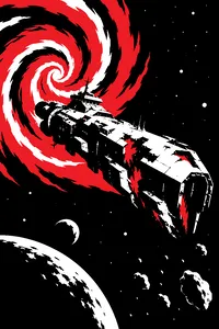 A battered older starship emerging from a swirling purple rift in space, scorched hull glowing.