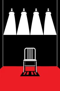 Four glaring white lights mounted on a bare interrogation room wall, a single metal chair beneath them.