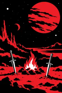 Two daggers stuck in the dirt beside a campfire on a rocky alien planet at night, a strange sky overhead.