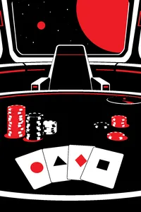Poker chips and a fanned deck of cards on a starship table, an empty chair pulled out at the head.
