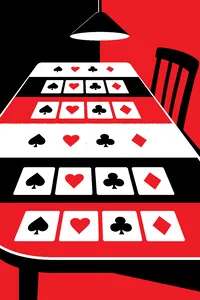 Several identical playing card hands laid out in a row on a felt table, each one slightly fading like a repeated memory.