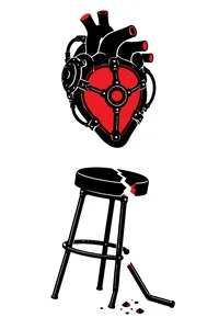 A white void containing only a single glowing mechanical heart and a broken barstool.