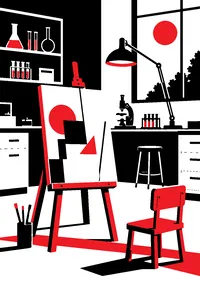 A small android painting easel in a laboratory with an unfinished painting and a child-sized chair.