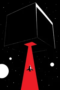 A tiny spaceship dwarfed by an enormous dark cube in deep space, its tractor beam glowing green.
