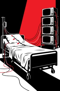A medical bed with a tangle of wires running to a stack of old television monitors, a single thorny vine on the pillow.