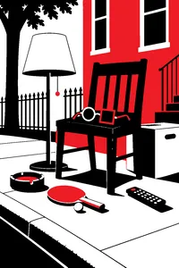 A pile of belongings on a sidewalk: a lamp, an ashtray, a paddle game, a remote control and a chair, with a pair of odd eyeglasses on top.