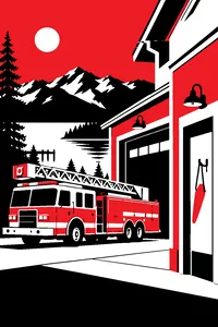 A small-town fire station with a ladder truck out front on a mountain lake shore, a fake long nose on a hook by the door.