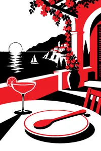 A Riviera villa terrace overlooking the sea, a cocktail glass and a wooden spoon resting on a dinner plate.