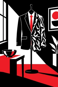 A men's suit hanging on a stand split down the middle, one half neat and one half crumpled, a brass bowl on a table.