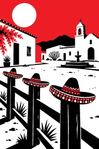 Three sequined sombreros on fence posts in a dusty Mexican village square, a desert bush in the distance.