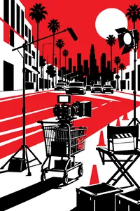 A low-budget film set on a busy Los Angeles street, a camera on a shopping cart and a hand-painted slate.