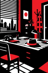 A 1940s detective office with venetian blind shadows, a fedora on the desk and a plaid jacket on the coat rack.
